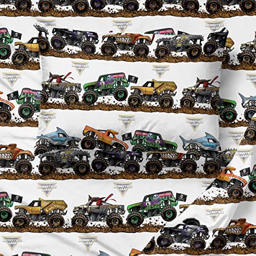 Jay Franco Kids Sheet Set with Fitted, Flat Sheets & Pillow Cover - Ultra-Soft Bedding with Pillowcase for Room Decor, Multi - Monster Jam, 4 Piece Queen Jay Franco