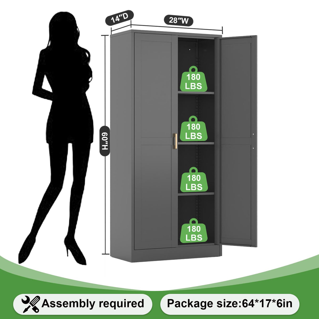 60''metal storage room cabinet, black unique look, freestanding storage room cabinet, storage cabinet with door and 4 adjustable shelves, can be used in office, garage, bedroom, kitchen TIMELESS PIECES