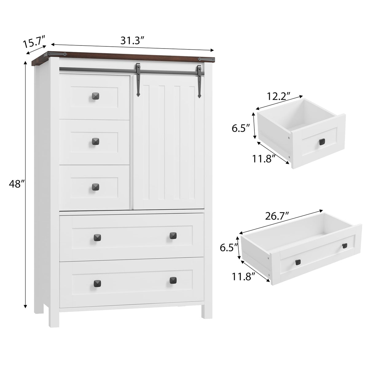 GarveeHome Farmhouse 5 Drawer Dresser for Bedroom, 48 in Tall Wood Dresser Chest of Drawer with Sliding Barn Door, Adjustable Shelf, Storage Organizer for Bedroom, Hallway, Living Room, Kitchen, White GarveeHome