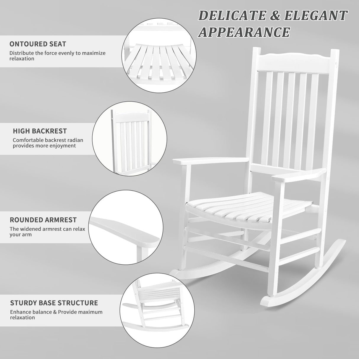 Outvita Outdoor Rocking Chair, Solid Wood High Back Rocker, All Weather Lounge Chair for Porch Patio Fire Pit Garden Backyard Deck Indoor, Wave Shape, White Outvita