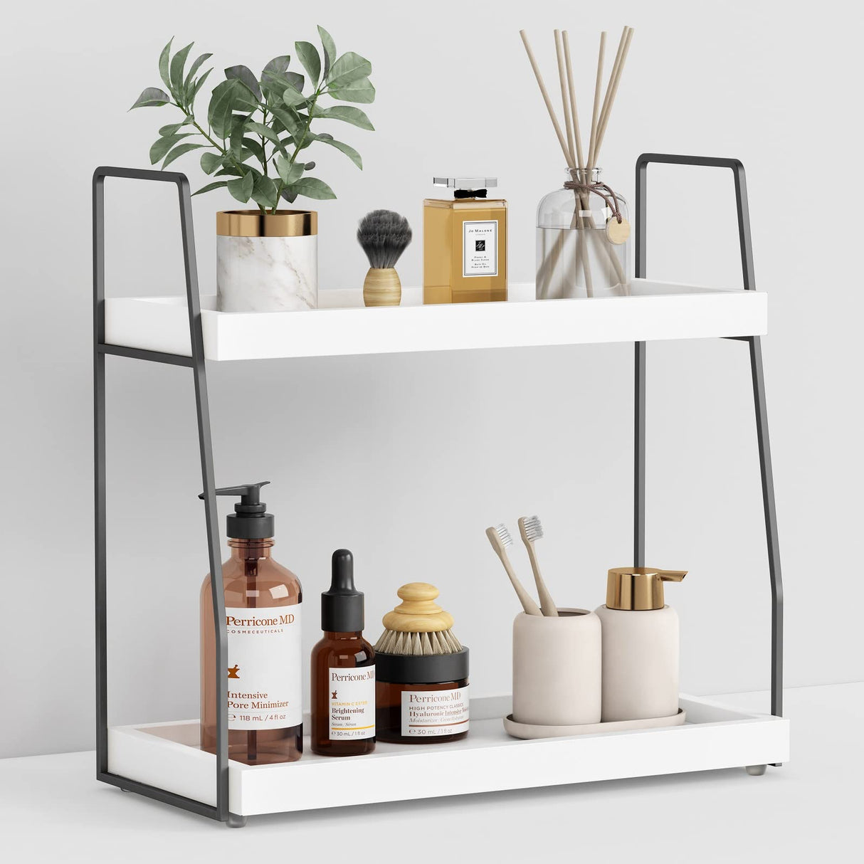 Forbena 2 Tier Bathroom Counter Organizer, White and Grey Coffee Bar Organizer for Countertop, Wood Shelf Tray for Vanity Makeup Storage, Small Kitchen Sink Top Organizers for Coffee Bar Station Forbena