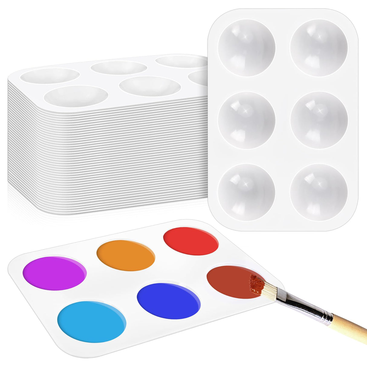 Bercoor 52 PCS Plastic Paint Palettes, 6 Well White Rectangular Watercolor Oil Palette Painting Tray Artist Craft Palettes for Painting Party, DIY Craft and Art Painting Bercoor