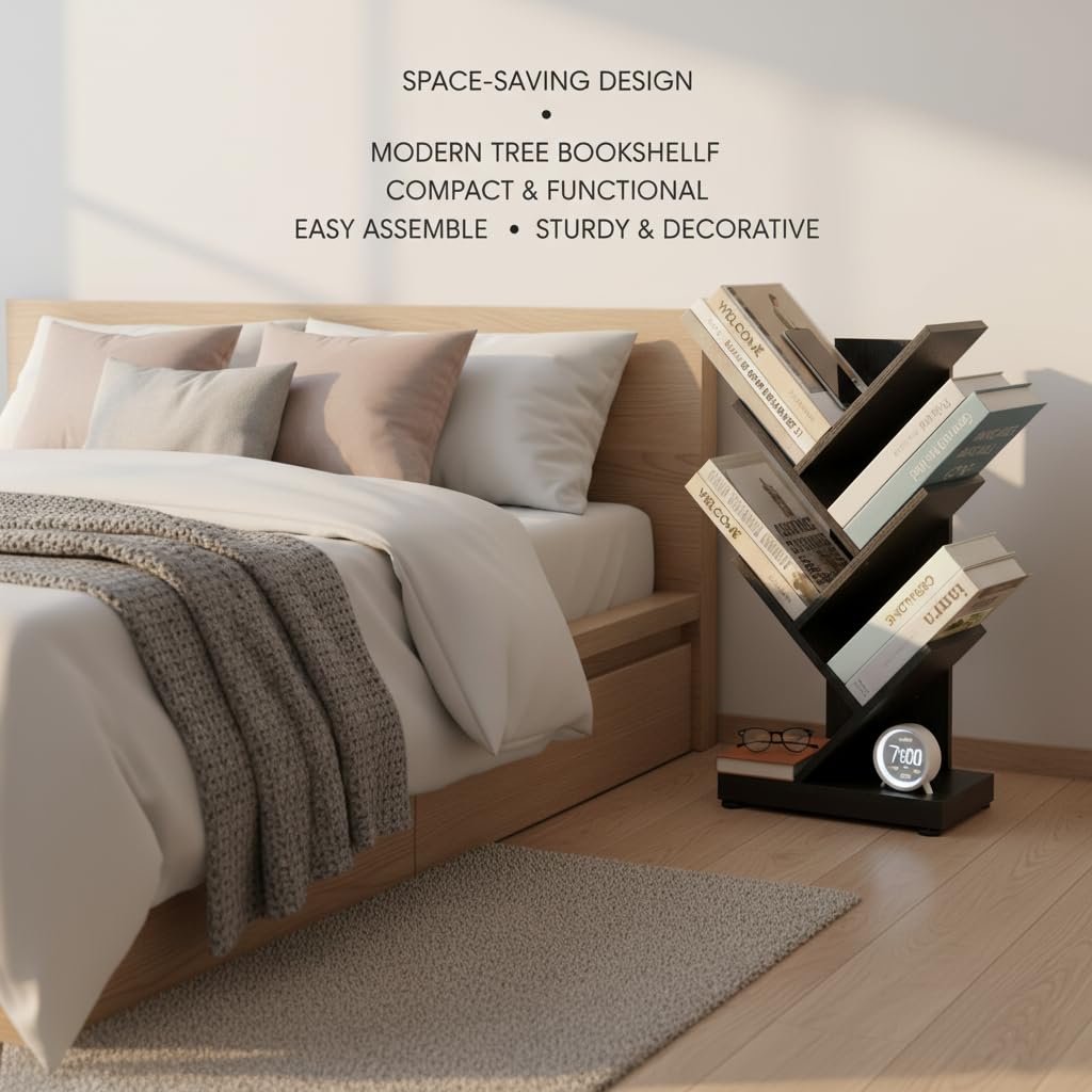 ruboka 5-Shelf Tree Bookshelf, 5 Tier Floor Standing Bookcase for CDs/Magazine/Books, Small Book Organizer for Bedroom, Living Room, Office,Balcony,Retro Storage Shelve