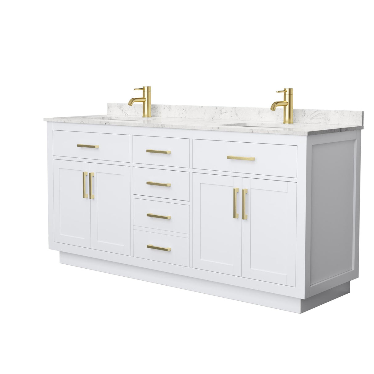 Wyndham Collection Beckett 72 Inch Double Bathroom Vanity with Toe Kick in White, Carrara Cultured Marble Countertop, Undermount Square Sinks, Brushed Gold Trim Wyndham Collection