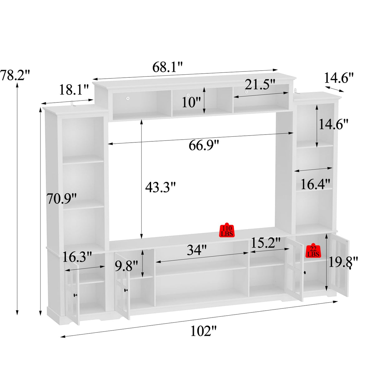WOODTIME Large Wall Unit Entertainment Center with Bookshelves, Modern 4-Piece TV Stand with Bridge Cabinet & 19 Shelves, Media Console Table with Glass Doors for Living Room & Home Theater, White WOODTIME