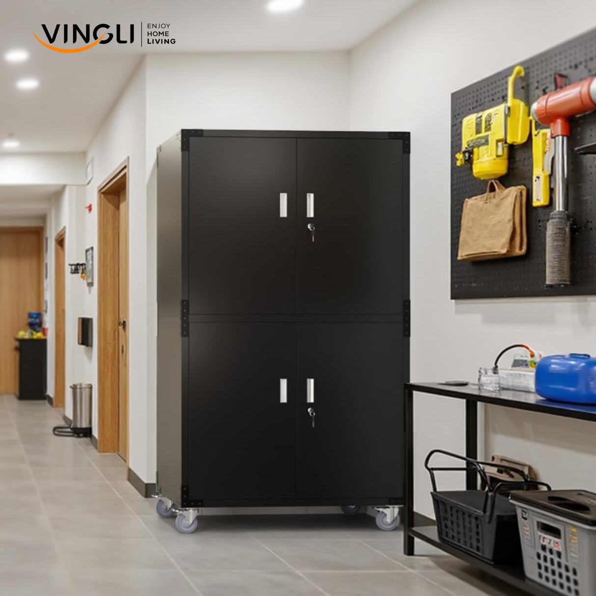 VINGLI Large Garage Storage Cabinet with 4 Doors, Upgraded Height & Wide & Deep, 43''W x 23''D x 75''H, Oversized Metal Storage Cabinet with Pegboards Wheels Locks and Adjustable Shelves (Black) VINGLI