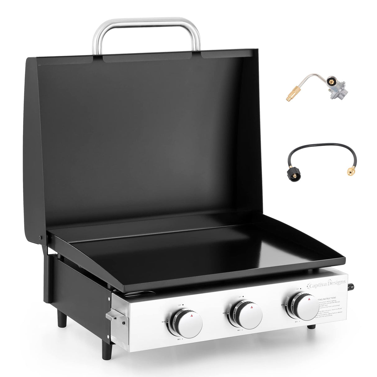 Captiva Designs 22 in Flat Top Grill with Ceramic Coated Cast Iron Pan, Portable Tabletop Propane Gas Griddle Grill for Camping, Outdoor & Tailgating Barbecue, 24,000 BTU Output, 3 Burners Captiva Designs