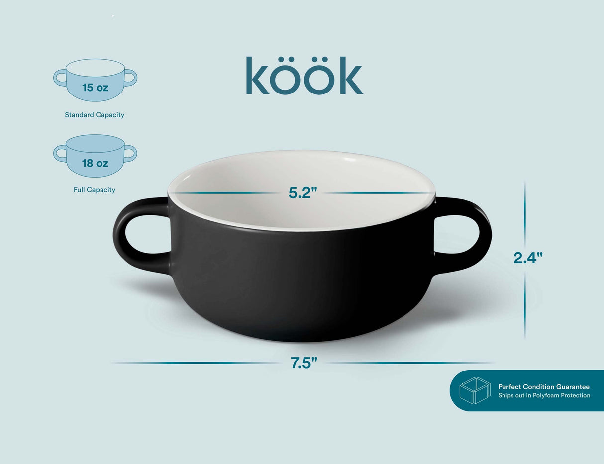 Kook Soup Crocks, Ceramic Bowls, Broil, Oven, Microwave and Dishwasher Safe, with Handles, For Casserole, Pasta, Cereal, 18 oz, Set of 4 (Black) KooK