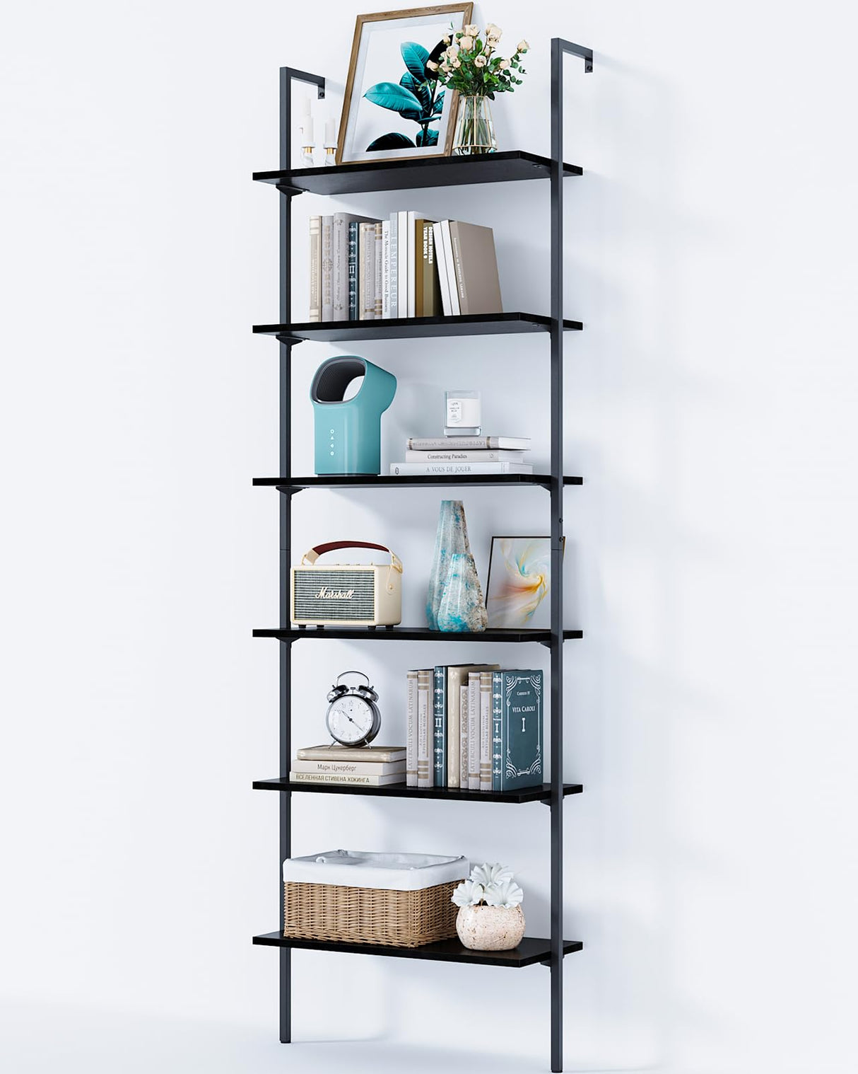 ODK 6-Tier Ladder Shelf, Book Shelf with Metal Frame, Bookcase for Living Room, Home Office, Kitchen & Bedroom, Space Saving Freestanding Organizer Rack, Black (10" D x 24" W x 87" H) ODK