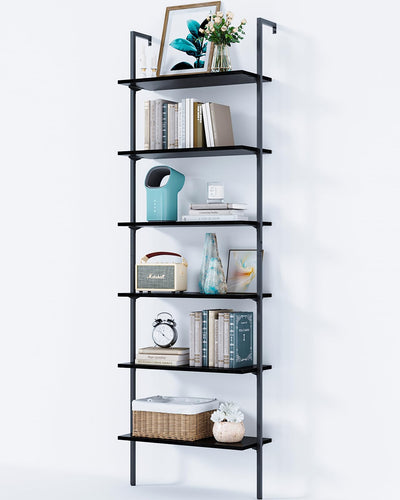 ODK 6-Tier Ladder Shelf, Book Shelf with Metal Frame, Bookcase for Living Room, Home Office, Kitchen & Bedroom, Space Saving Freestanding Organizer Rack, Black (10" D x 24" W x 87" H)