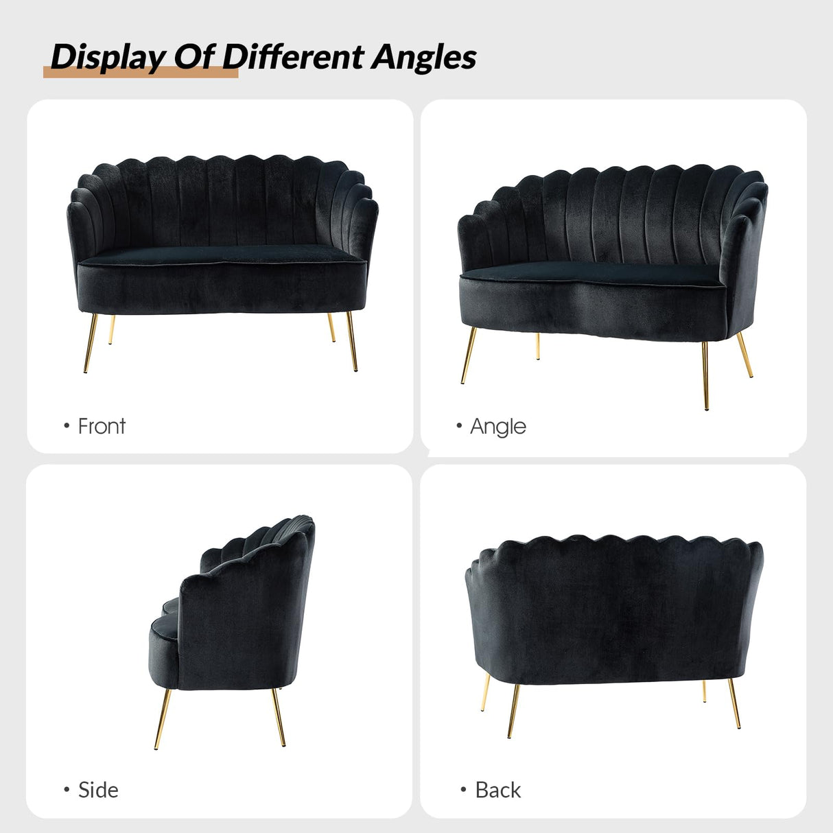 HULALA HOME Modern Velvet Loveseat Sofa with Flower Shaped Back, Comfy Upholstered 2-Seater Sofa with Gold Metal Legs, Small Love Seat Accent Couch for Living Bedroom Leisure Areas, Black HULALA HOME