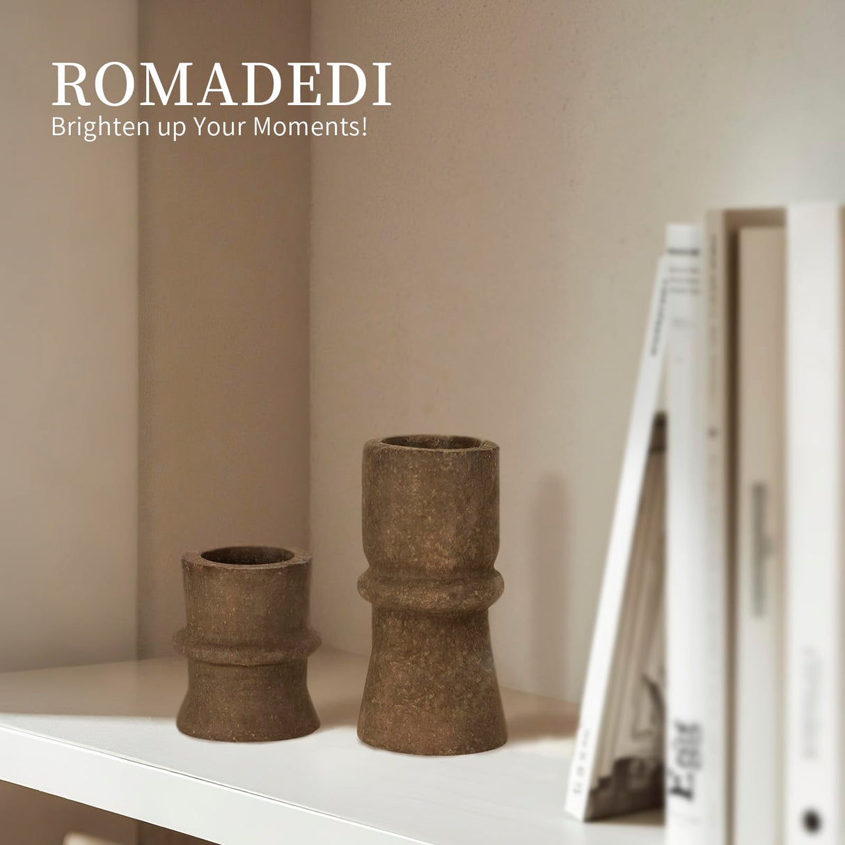 Romadedi Candlestick Holders Boho Decor: Taper Candle Holders Paper Mache for Living Room Morden Decorations Candle Stick Dining Table Centerpiece Fireplace Home Decoration Brown Romadedi
