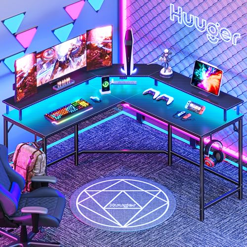 Huuger L Shaped Gaming Desk with Power Outlets & LED Lights, Computer Desk with Monitor Shelves, Carbon Fiber Surface, Home Office Desk, Corner Gaming Desk with Hooks, Carbon Fiber Black Huuger