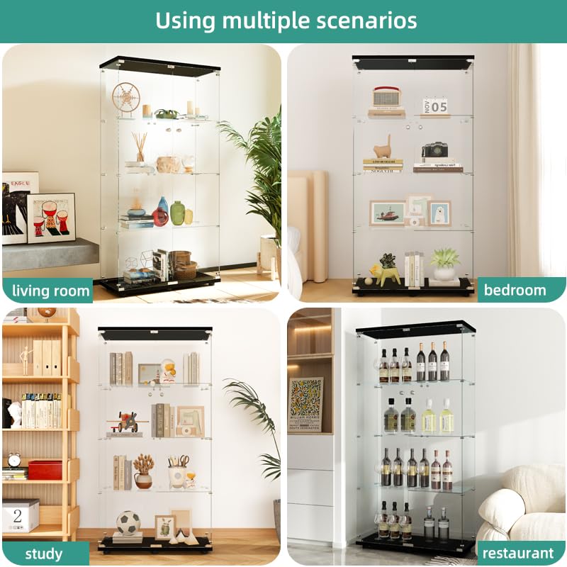 FYSHERAN Black Curio Glass Cabinet with 4 Shelves for Collectibles FYSHERAN