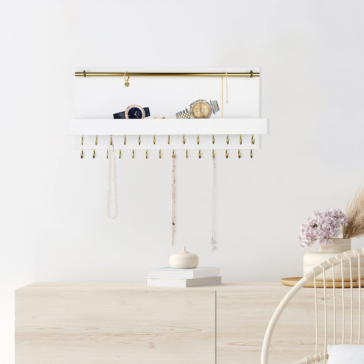 SANY DAYO HOME 27 Hooks Wall Mounted Necklace Holder 14 x 6 inch Hanging Rustic Wooden Jewelry Organizer with Removable Bracelet Rod and Shelf for Kids, Girls, Women - Ivory White SANY DAYO HOME