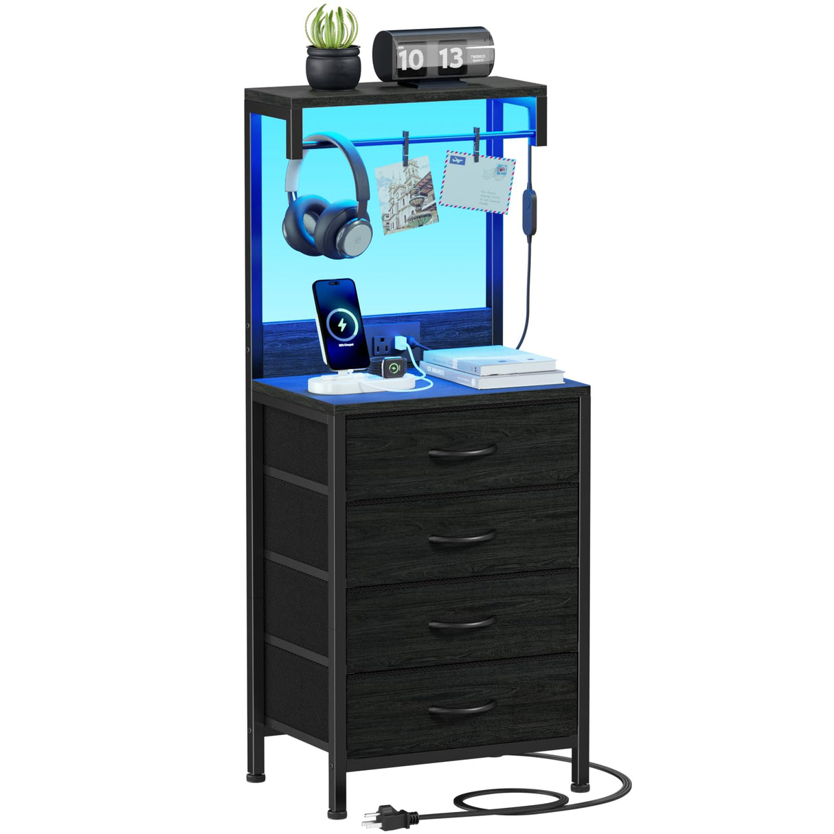 Furnulem Tall Nightstand with 4 Drawers, Night Stand with LED Lights and Charging Station, Bedside Table with Storage Shelves, End Side Table for Bedroom, Office (Black Oak) Furnulem