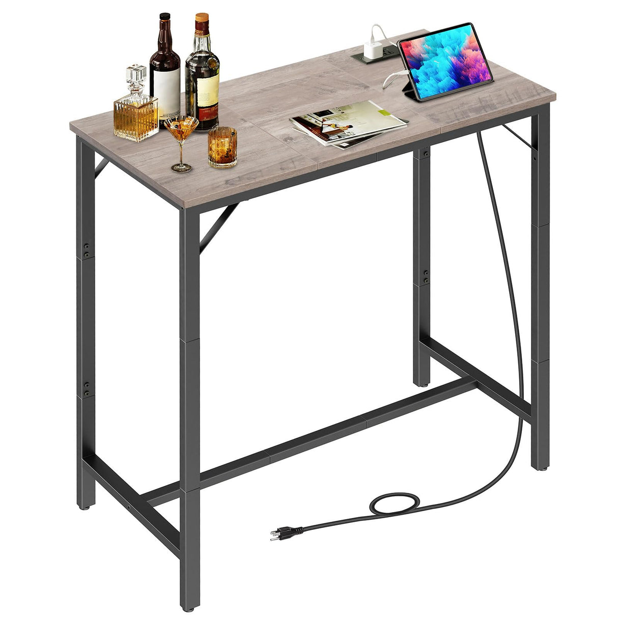 HOOBRO Bar Table with Charging Station, Rectangular Pub Table, High Top Coffee Table, Counter Bar Height Table, Narrow Long Dining Table, 35.4" L x 15.7" W x 35.6" H, Greige BG90UBT01 HOOBRO