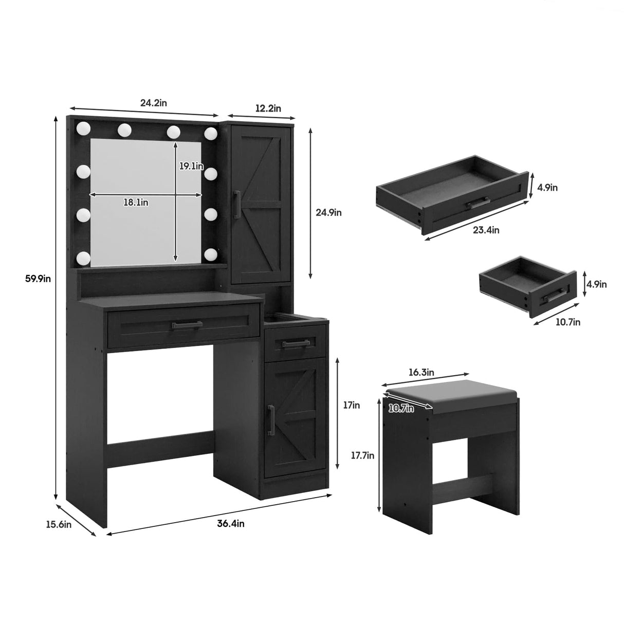 Fameill Vanity Desk with Mirror and Lights,Make up Vanity with Chair and Outlet,Dressing Table with Jewelry Cabinet, Bedroom Vanity with 2 Drawers, 3 Lighting Colors,36.4 inch,Black Fameill