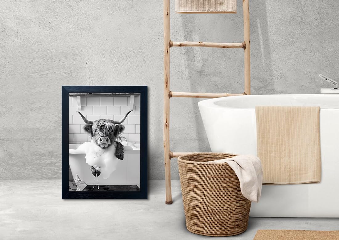 Highland Cow Bathroom Decor, Funny Bathroom Wall Art, Highland Cow in Bathtub Farmhouse Canvas Print, Black and White Cow Pictures Wall Decor, Framed Animal Pint Artworks for Wall Senlifa Art