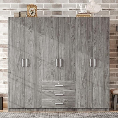 BEDGJH Armoire Wardrobe Closet, Large Wardrobe Closet with 6 Doors, Bedroom Tall Armoire with Big Drawers, Hanging Rails and Shelves, Easy Assembly (Gray)