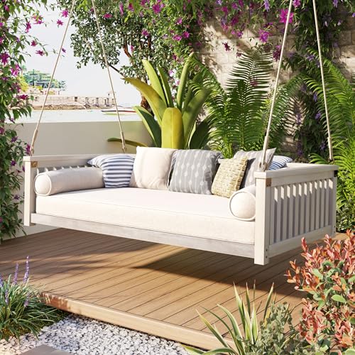 Porch Daybed Swing Outdoor Wooden Swing Bench, Patio Hanging Swing Chair Swinging Bed for Garden, Backyard, Deck, White NCKMYB