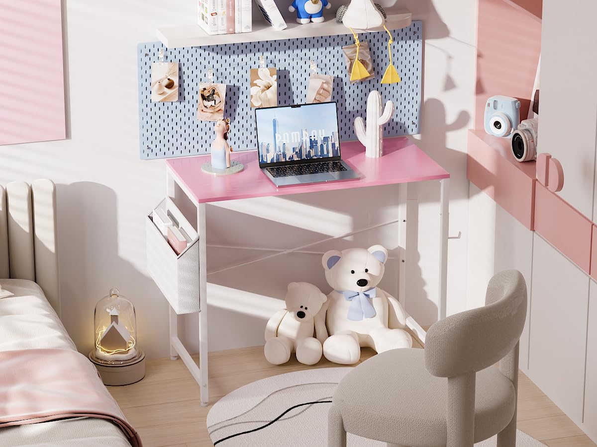 Pamray 32 Inch Computer Desk for Small Spaces with Storage Bag, Home Office Work Desk with Headphone Hook, Small Office Desk Study Writing Table Pamray