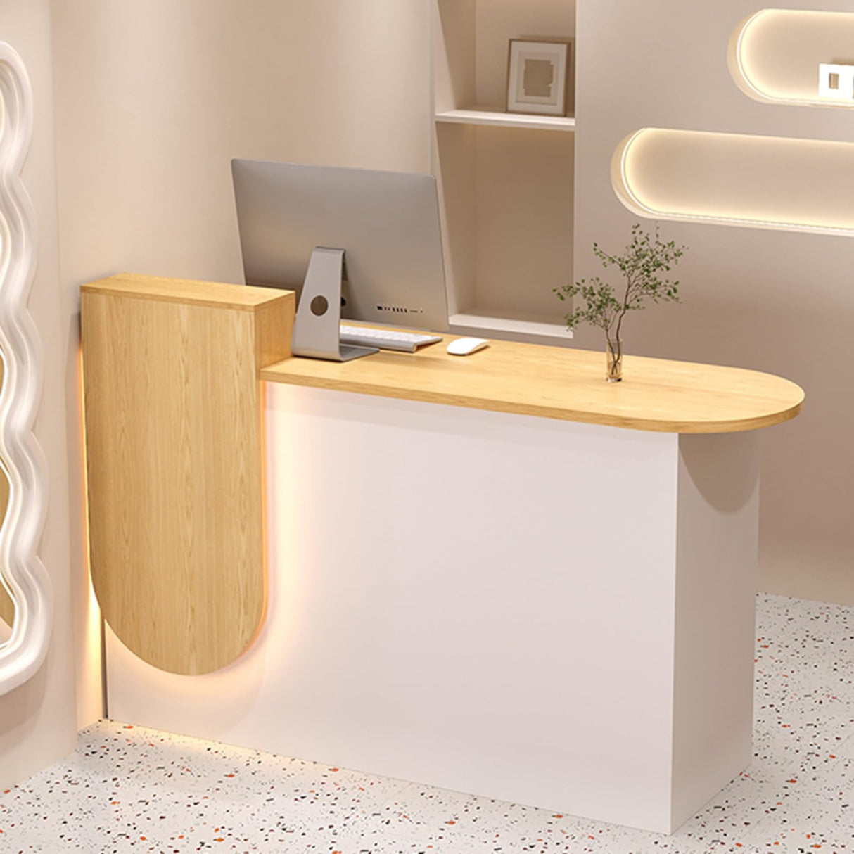 Modern Reception Desk with LED Light Front Counter Commercial Receptionist Table with Lockable Drawer for Home Office Checkout Lobby Beauty Salon(Wood Color - Right) KUKIXKK
