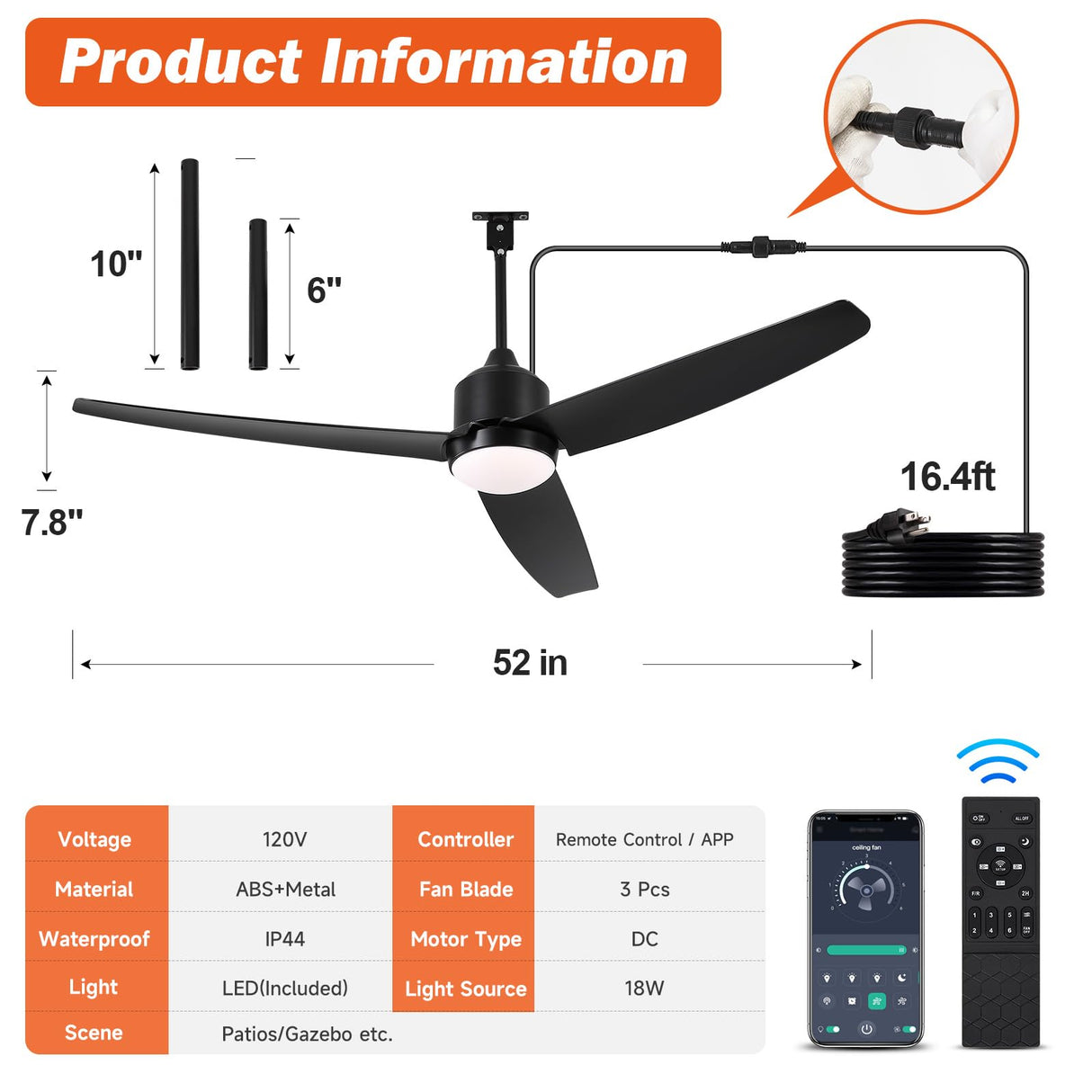 BZX Waterproof Outdoor Ceiling-Fan with Light - 52" Modern Ceiling Fans with 3 Colors LED Light, App & Remote Control, Quiet DC Motor, for Patios Gazebo, Black BZX