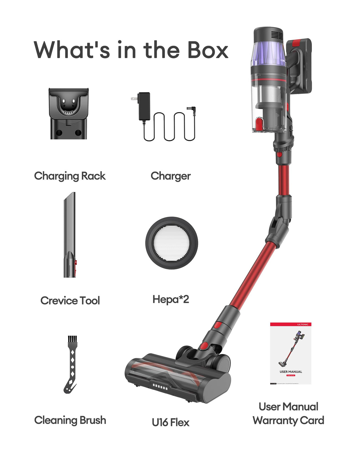 Ultenic Cordless Vacuum Cleaner, 550W/50Kpa, 60Mins Runtime, Stick Vacuum Cordless Rechargeable with 180°Bendable Wand, Anti-Tangle Brush, Vacuum Cleaners for Home/Pet Hair/Carpet/Floor U16 Ultenic