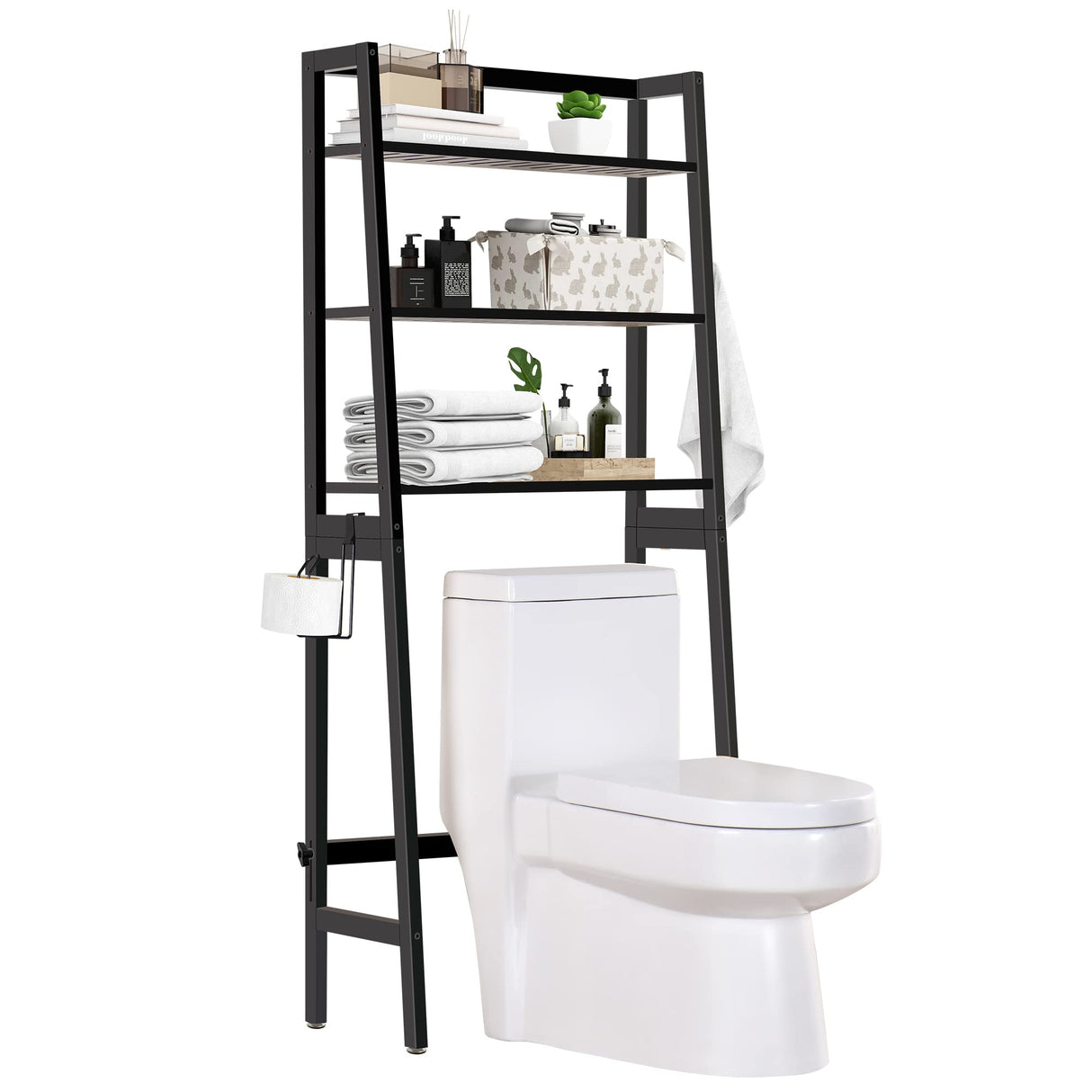MallKing Over The Toilet Storage, Wooden 3-Tier Over-The-Toilet Rack Bathroom Space Saver Organizer, Freestanding Above Toilet with Toilet Paper Holder and Hooks (Black) MallKing