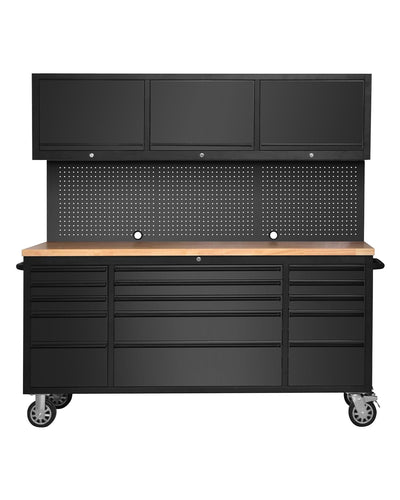 72-inch Rolling Tool Chest Cabinet Garage Workbench with 15 Storage Drawers and Wheels, 3 Upper Cabinet, Pegboard, Steel Large Tool Box for Garage Workshop, Matte Black