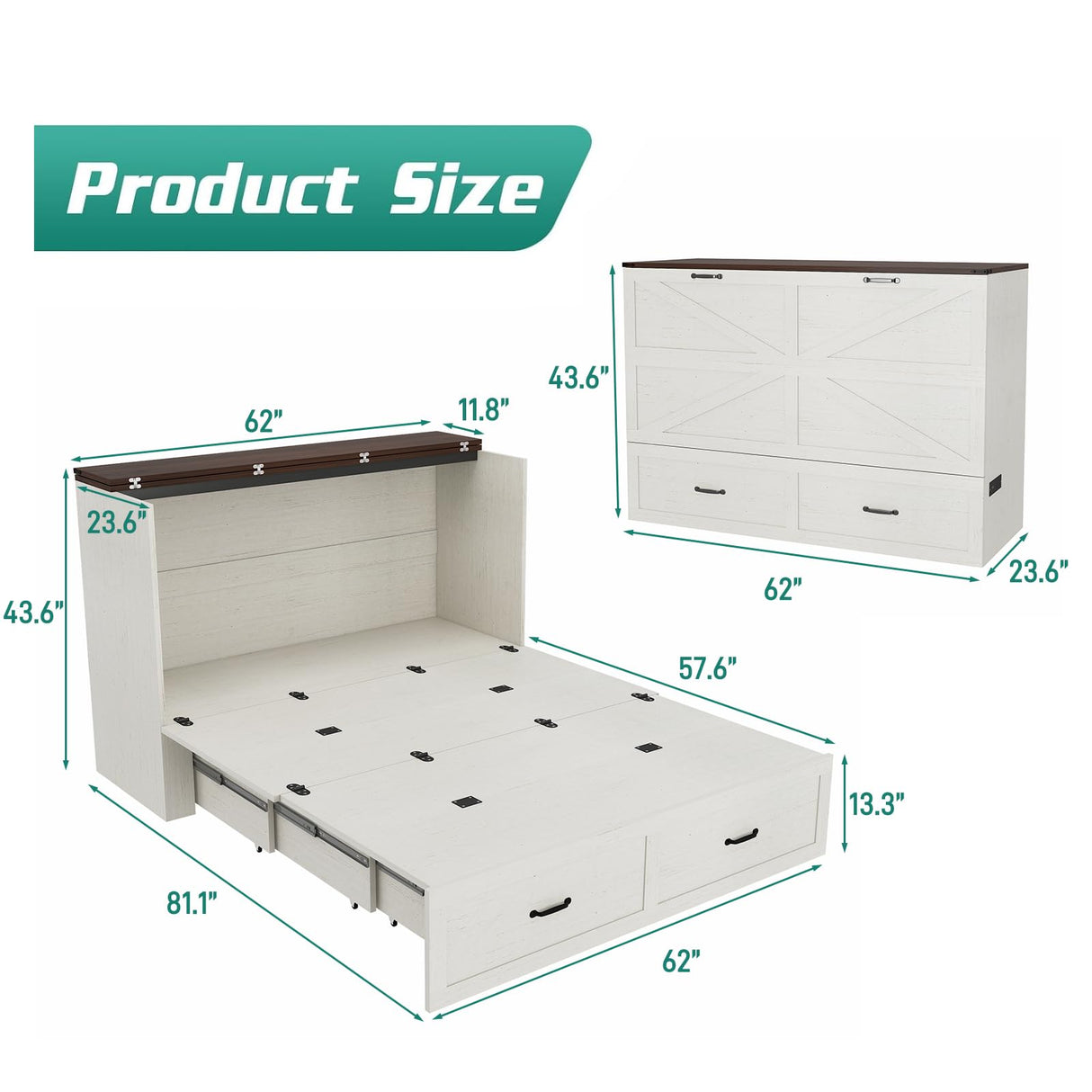 Hlivelood Queen Size Murphy Chest Bed with Drawer and Charging Station, Farmhouse Wood Space-Saving Hidden Folding Bed Chest, Multifunctional Storage Cabinet Beds for Bedroom, Office, Rustic White Hlivelood