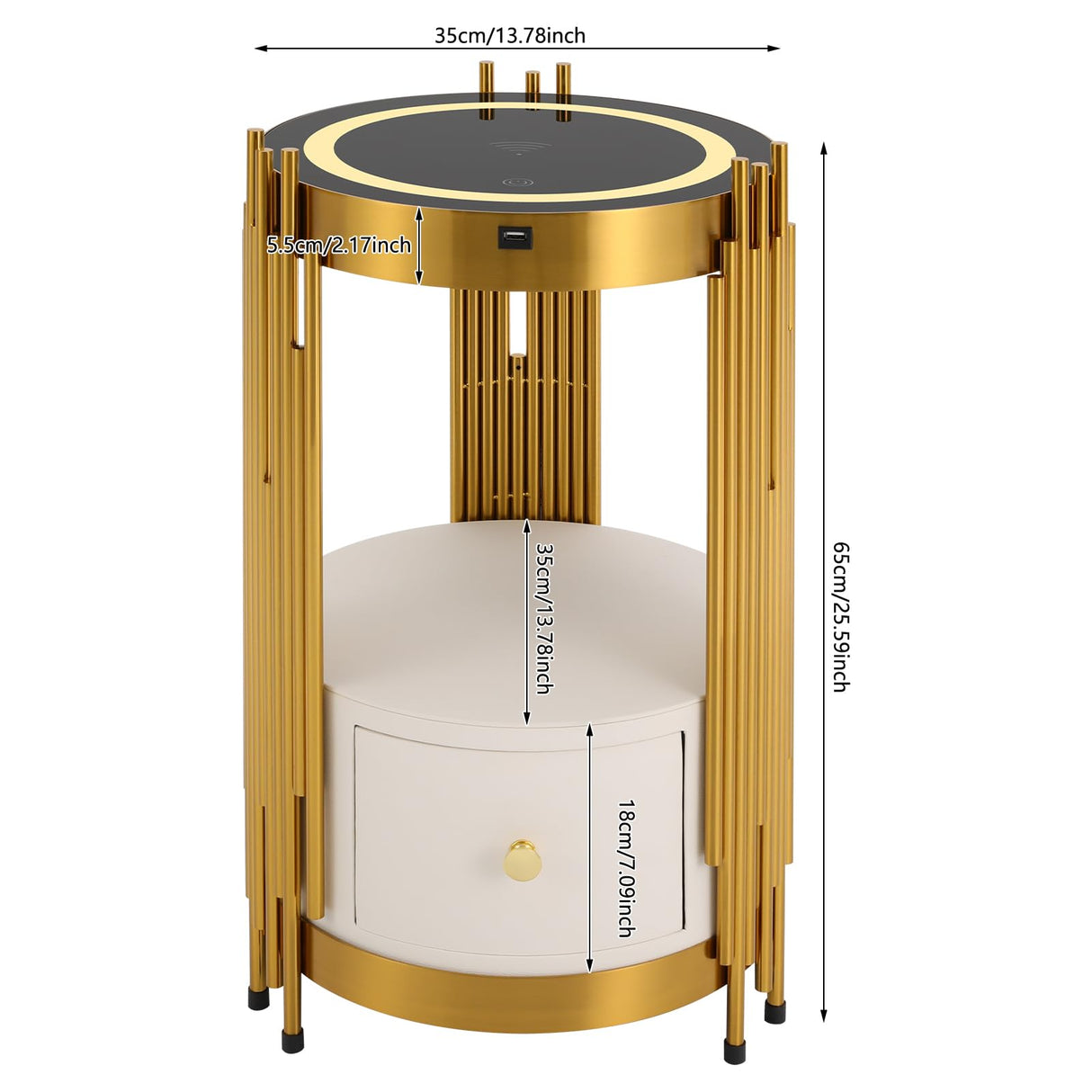 Mkyiongou Dimmable Led Nightstand Gold with White Drawers, Round End Table with USB & AC Port Wireless Charging Station, Bedside Table/Side Table for Bedroom/Living Room/Coffee Table Storage Mkyiongou