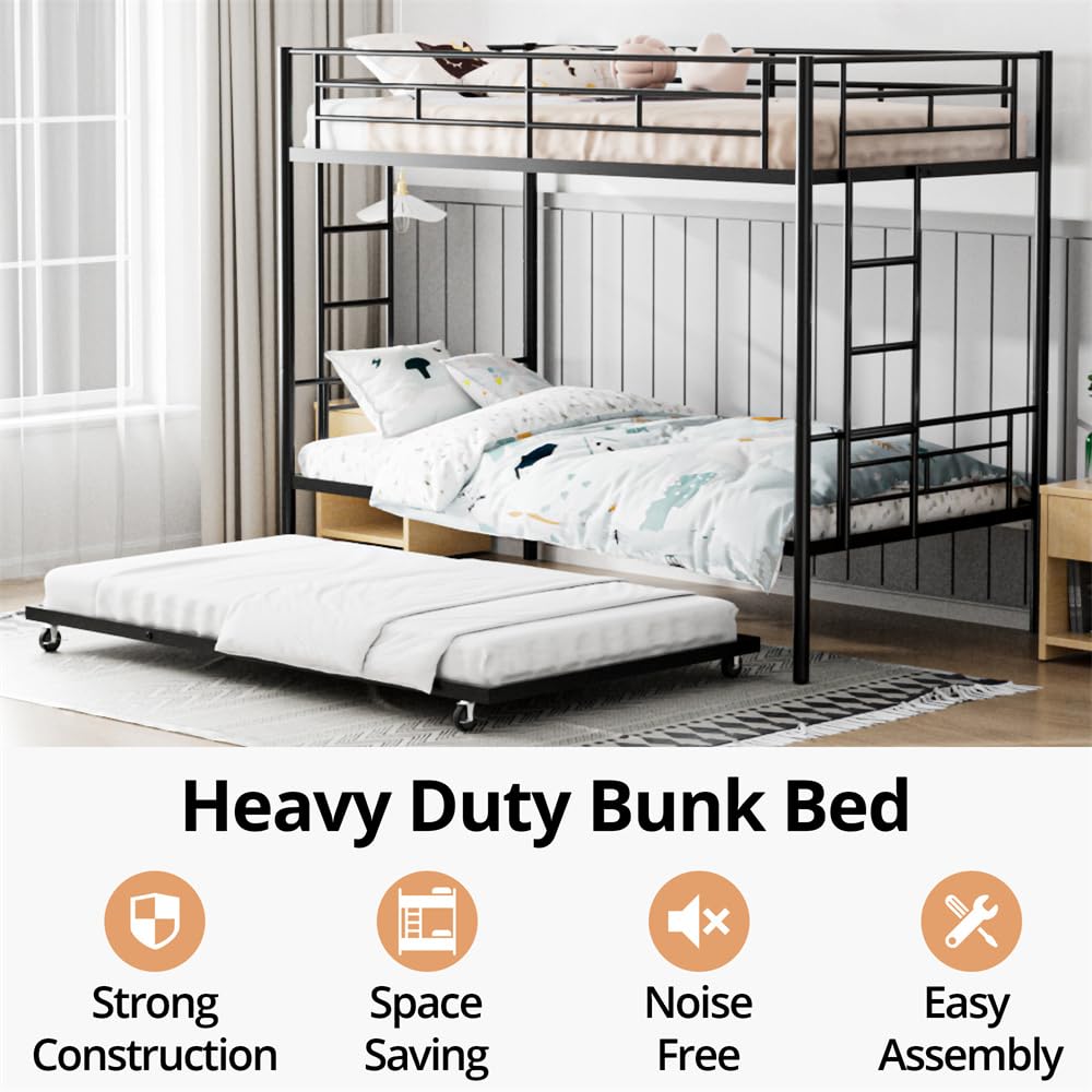 TURRIDU Bunk Bed Twin Over Twin with Trundle, Metal Triple Bunk Beds with 2 Side Ladders, Heavy Duty Bed Frame for Girls Boys Teens Adults, Can be Divided Into 3 Beds, No Box Spring Needed, Black TURRIDU