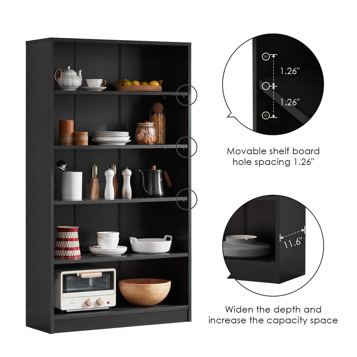 Farini Black Bookshelf for Bedroom 5 Shelf Office Bookcase 60 Inches Tall Modern Wood Bookshelf for Living Room 5 Tier Wide Manga Bookshelf Library Bookcase Farini