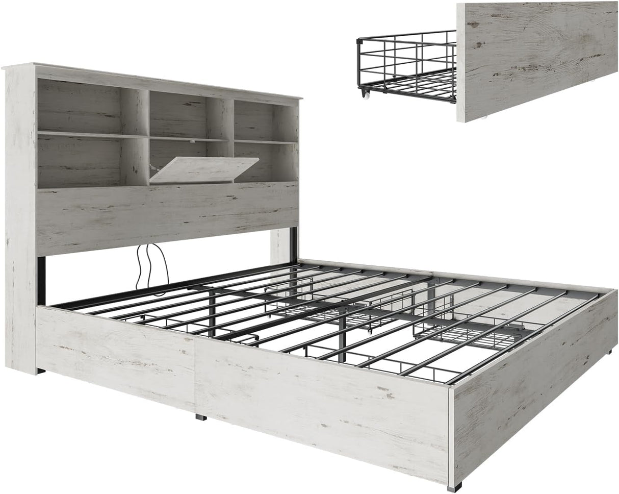 AMERLIFE Farmhouse King Size Bed Frame Wooden Platform Bed with 51.2" Storage LED Bookcase Headboard, 4 Storage Drawers & Charging Station/No Box Spring Needed/Noise Free/Distressed White AMERLIFE