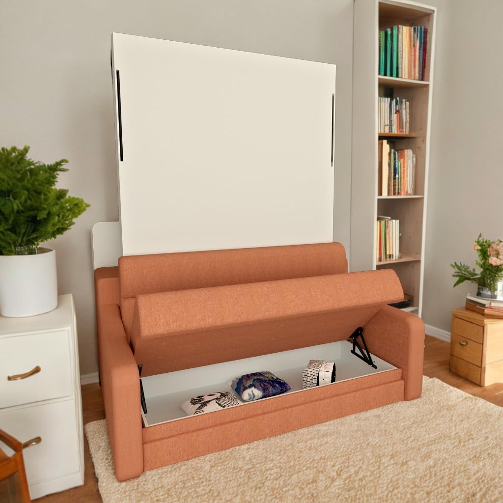 FAVSH Full Size Murphy Bed Cabinet with Loveseat Sofa, White Hidden Beds,Wall Bedframe w/Orange Couch for Bedroom,Space-Saving, Noise Free FAVSH