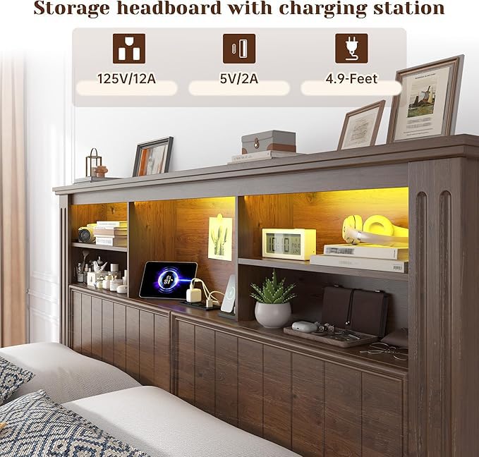 EnHomee Full Size Bed Frame with Headboard and Storage, 4 Drawers and LED Built in Charging Station Full Bed Frame with Storage Farmhouse, NO Noise,No Box Spring Needed,Brown EnHomee