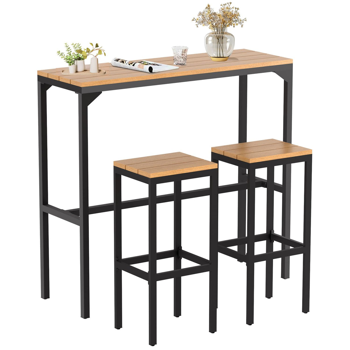 AECOJOY 3-Piece Outdoor Bar Set, Patio Bar Height Table and Chairs Set 47" Rectangular Pub Height Bar Table with 2 Bar Stools Patio Pub Bar Set for Balcony, Porch AECOJOY