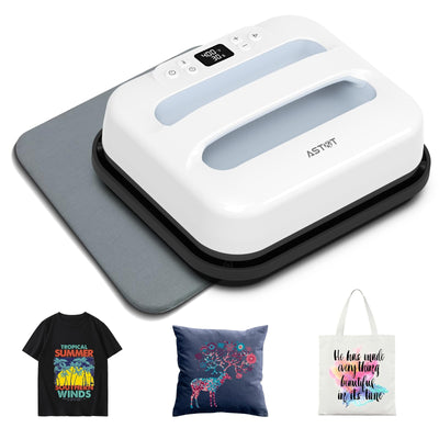 AST&T Heat Press Machine 12" x 10" Portable & Easy Heat Press for for T-Shirts, Pillows, Tote Bags & More White (Heat Press+Mat)