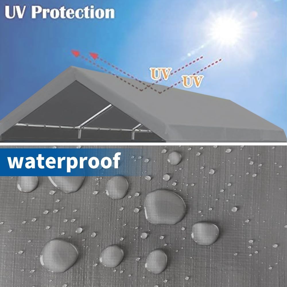 TGEHAP Carport Replacement Canopy Cover for Tent Car Garage Shelter Top Tarp Cover with Ball Bungees (Only Only Top Cover, Frame is not Included) (10' x 20', Gray) TGEHAP