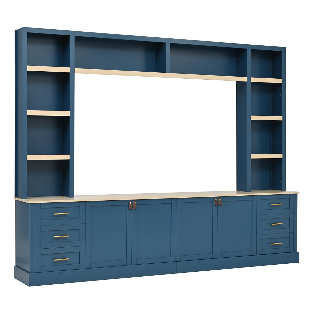Polibi 102.3" Farmhouse TV Stand with Bookshelves & 6 Drawers, Rustic Media Console for TVs Up to 75", 4-Piece Entertainment Center Wall Unit with Adjustable Shelves & Cable Management,Navy Blue Polibi