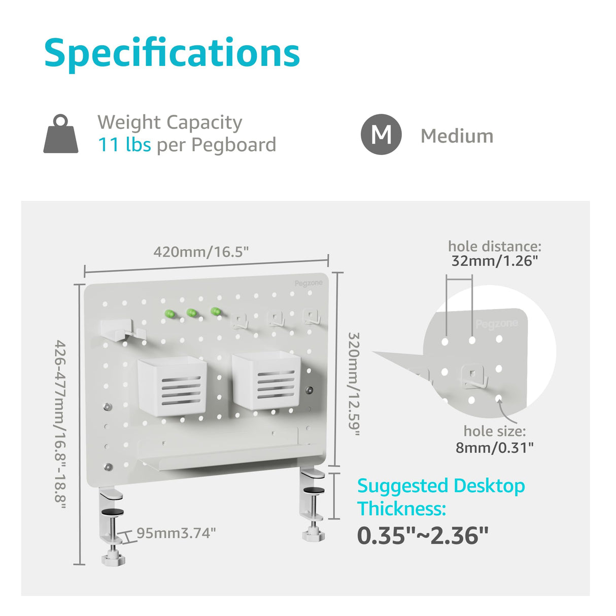 PEGZONE Clamp-on Desk Pegboard, Desk Organizer for Office Gaming Home, Magnetic Metal Peg Board with 10 Accessories, Privacy Panel for Office, 16.5" x 12.6", Medium, White PEGZONE