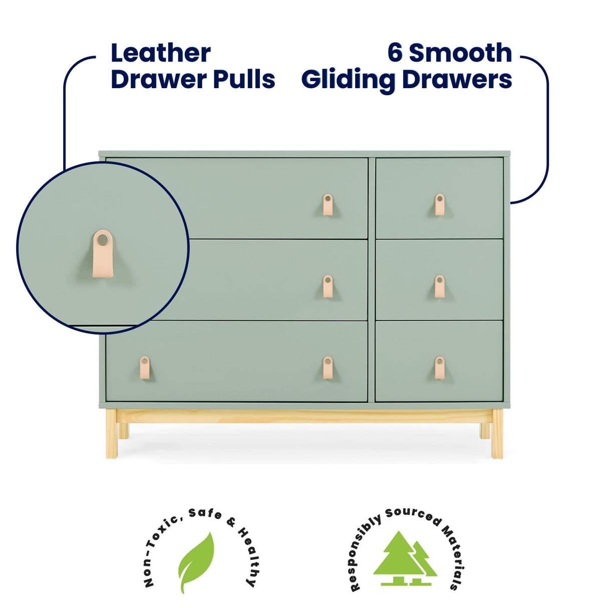 babyGap Legacy 6 Drawer Dresser with Leather Pulls and Interlocking Drawers by Delta Children - Greenguard Gold Certified, Sage Green w/Natural Delta Children