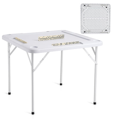 VEVOR Mahjong Table, Square 4 Player Folding Card Table with 4 Cup Holders & 4 Chip Trays, Portable Domino Game Table with 1 Set of Dominoes for Mahjong Poker Puzzles, 35.4 x 35.4-inch, White
