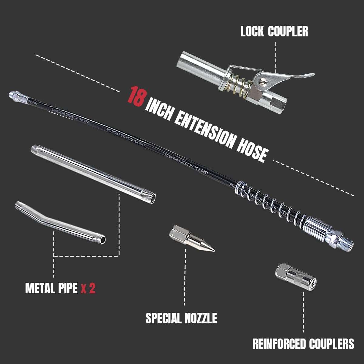 Thorstone Grease Gun Kit, 7000PSI Heavy Duty Pistol Grip Grease Guns Set| 14oz Load Capacity |18" Spring Flex Hose|1 Lock Coupler|1 Reinforced Coupler|1 Sharp Type Nozzle| 2 Extension Rigid Pipe Thorstone