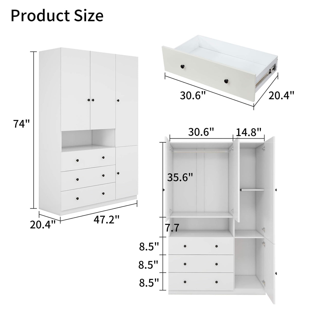 ModMakers 74" H 3 Doors 3 Drawers White Wooden Wardrobe Armoire Closet Modern Freestanding Bedroom Armoire Organizer Clothes Cabinet for Bathrooms Clothes Shoes Storage with Hanging Rod ModMakers