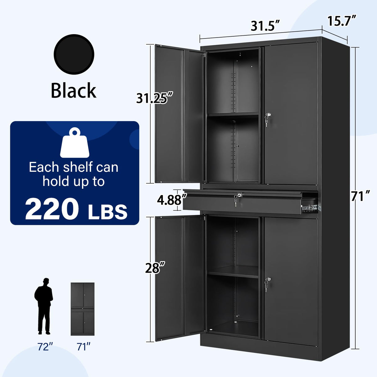 Yizosh Metal Garage Storage Cabinet with Locking Doors and Adjustable Shelves, Tool Storage Cabinet with 1 Drawer - 71" Steel Locking Cabinet for Garage, Warehouse (Black) Yizosh