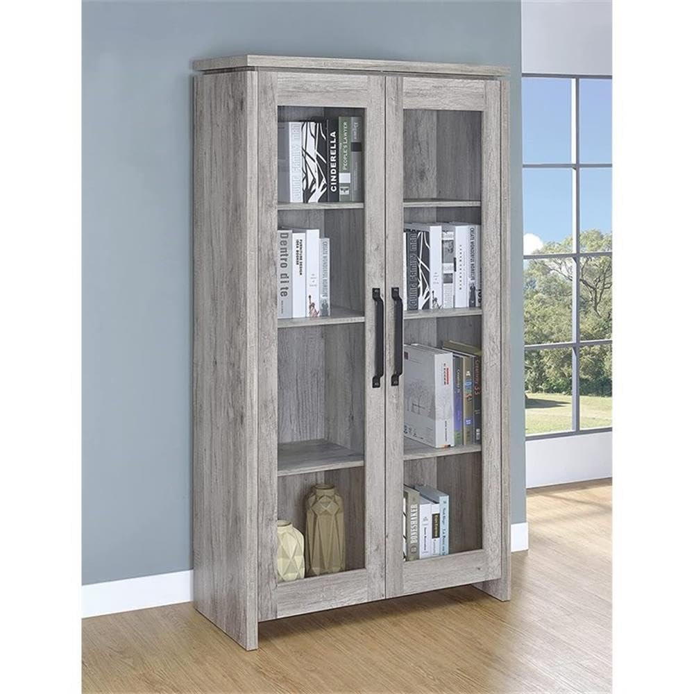 BOWERY HILL Traditional Glass Front 2 Door Wood Curio Display Cabinet in Grey Driftwood BOWERY HILL