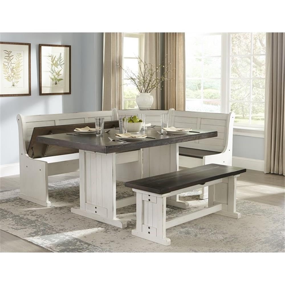 Pemberly Row Farmhouse Wood Kitchen Corner Breakfast Dining Nook Set with Hidden Storage in Off White Dark Brown Pemberly Row